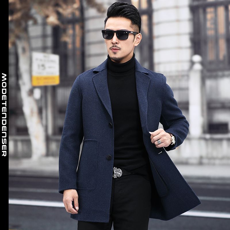 dobbeltsidet uldfrakke vinter afslappet mænds uldfrakke lang jakkesæt krave mørkeblå