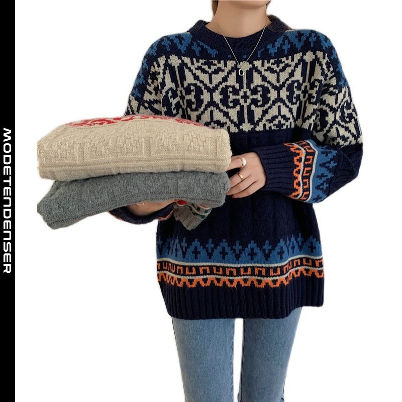 efterår og vinter national stil retro ydre slid løs pullover jule kvinders sweater sweater mørkeblå