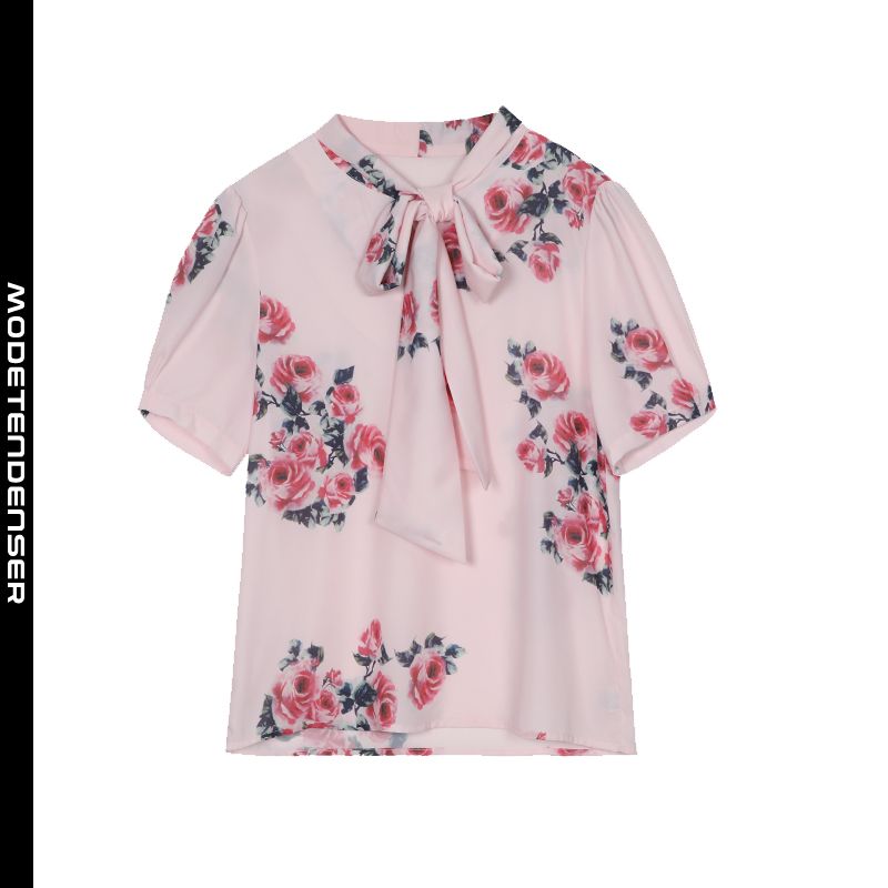 elegant bluse kortærmet sommerblomstret afslappet personlighed lyserød
