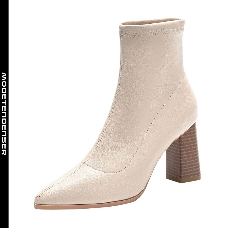 fashion kvinders korte støvler tykke højhælede spids tå ankelstøvler matchende beige