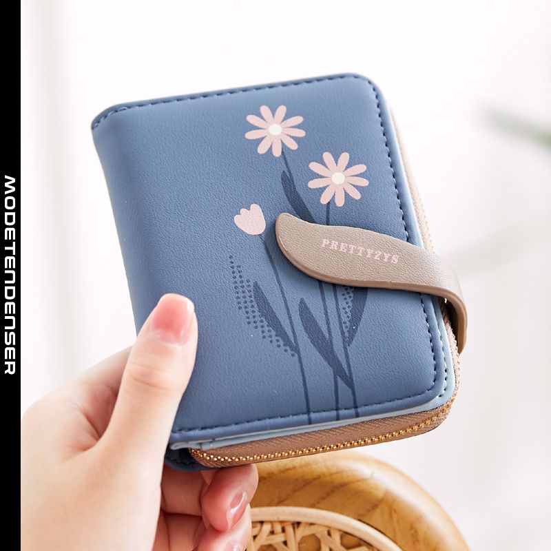fashion women's wallet printed short folding large capacity card holder two-in-one blue