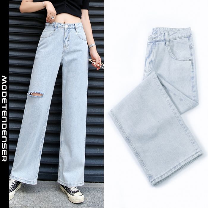 kvinders jeans med huller lige lange og brede ben moderigtigt blå