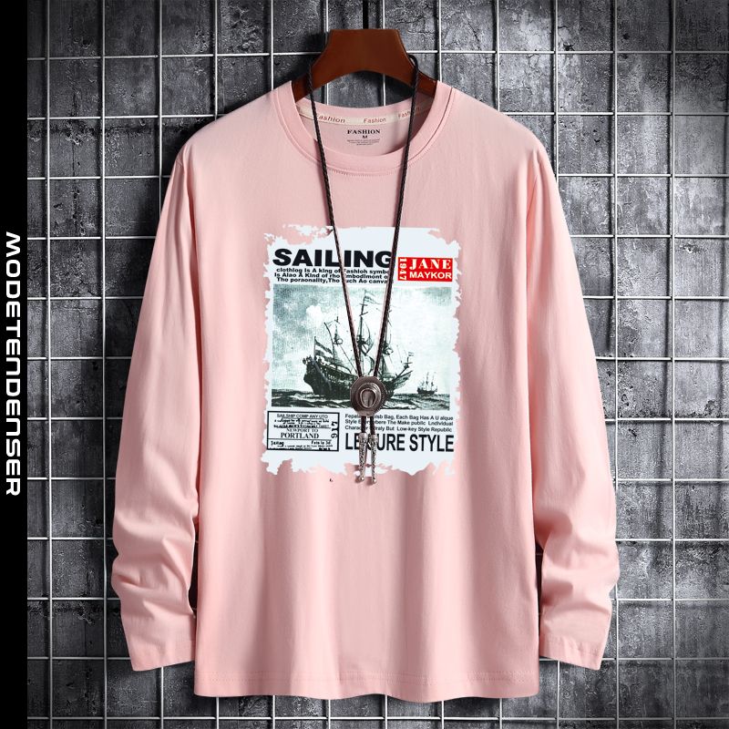 langærmet t-shirt med rund hals i bomuld mandlige tidevand sejlende lyserød