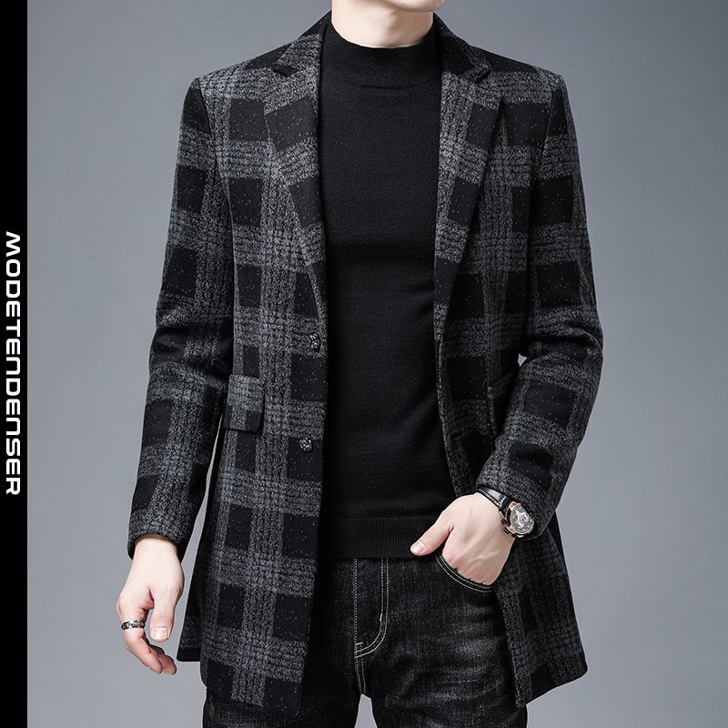 mænds uldfrakke lang forretning vinter slank plaid sort