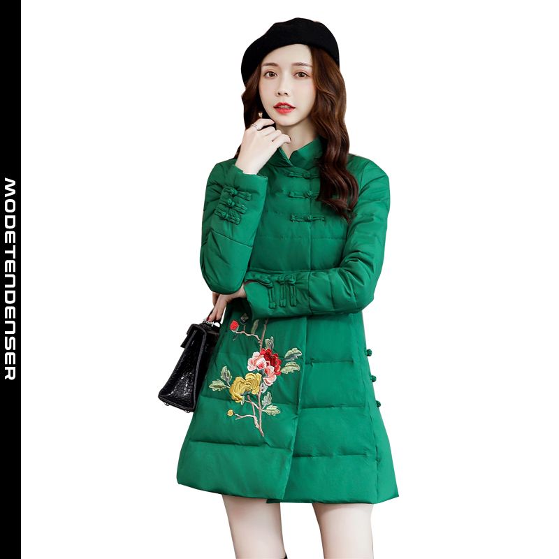 moderigtigt polstret jakke til kvinder lang vinterbroderi grøn