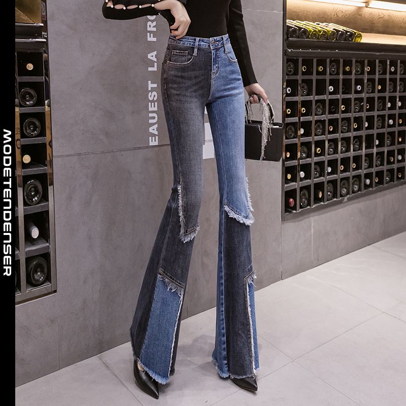 slim fit kvinders jeans personlighed rå kant flared bukser høj talje kvast mørkeblå