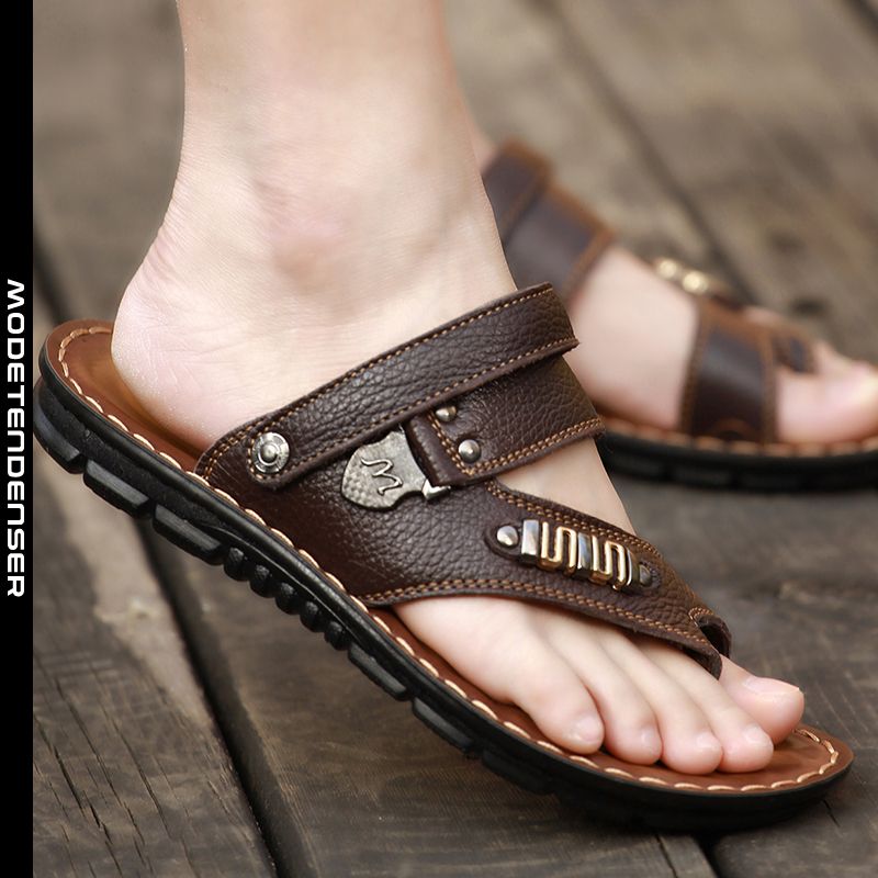 sommer mænds lædersandaler flip flops dual-use to-i-en afslappet strandsko brun
