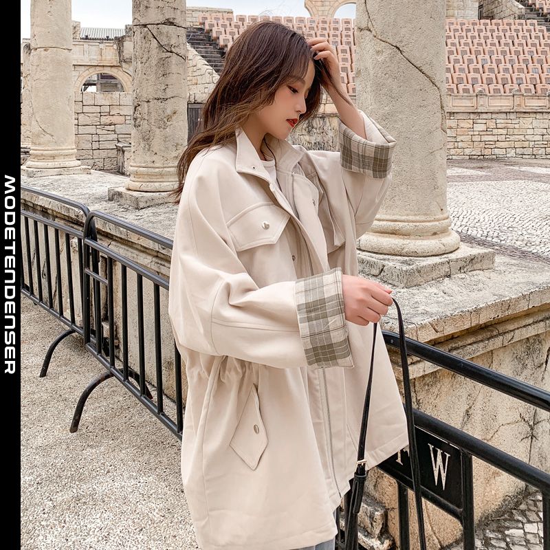 spring autumn flanging check sleeve workwear women's trench coat beige