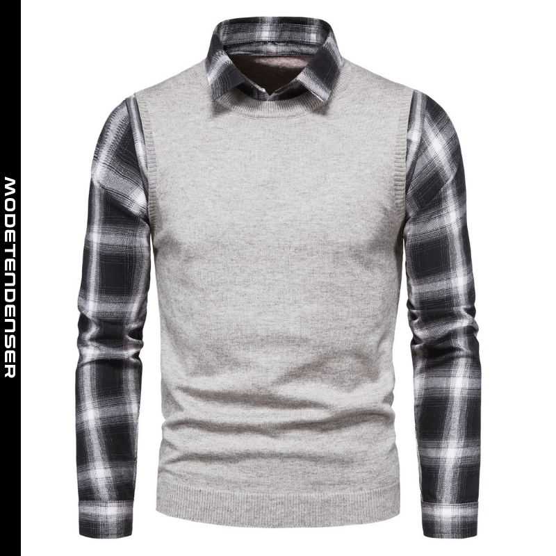 strikket sweater mænds sweater rutet skjortekrave todelt grå
