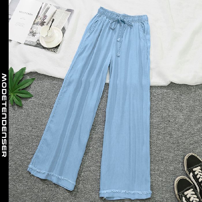 summer ice silk women's jeans wide leg thin high waist casual blue