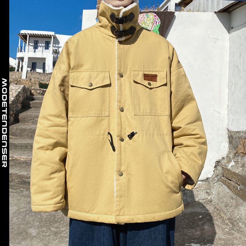 vinter ensfarvet kashmir lammuld mænds polstret jakke for at holde varm elastisk talje khaki