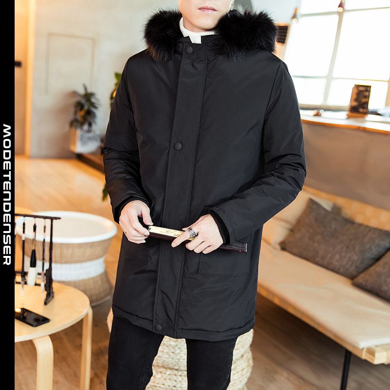 vinterbroderet mænds bomuldsjakke med lang hætte med hætte sort