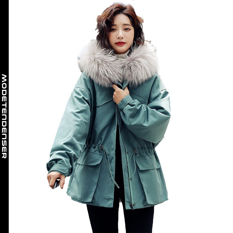 winter fashion women parker fur collar hooded jacket elastic waist green